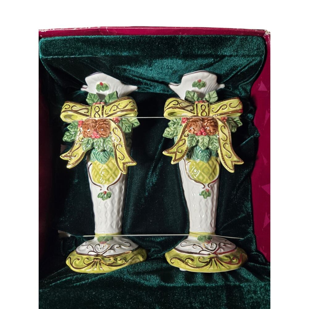 NIB Vtg Classic Traditions Christmas Poinsettia Ceramic Candle Holder Set 2